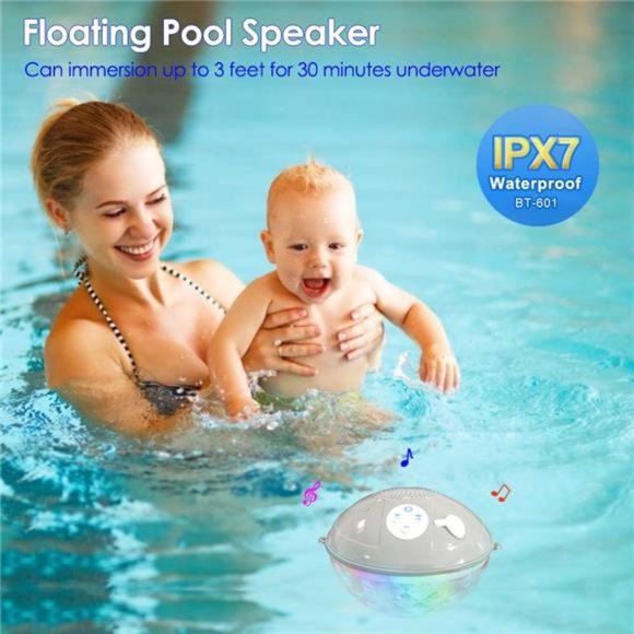 Pool Speaker with Colorful Lights, Floating Bluetooth Speaker IPX7 Waterproof - Picture 2 of 7